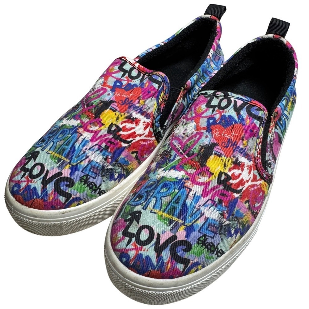 Skechers Poppy Brave Love Shoes Womens 8.5 Multicolor Graffiti Slip On Loafers